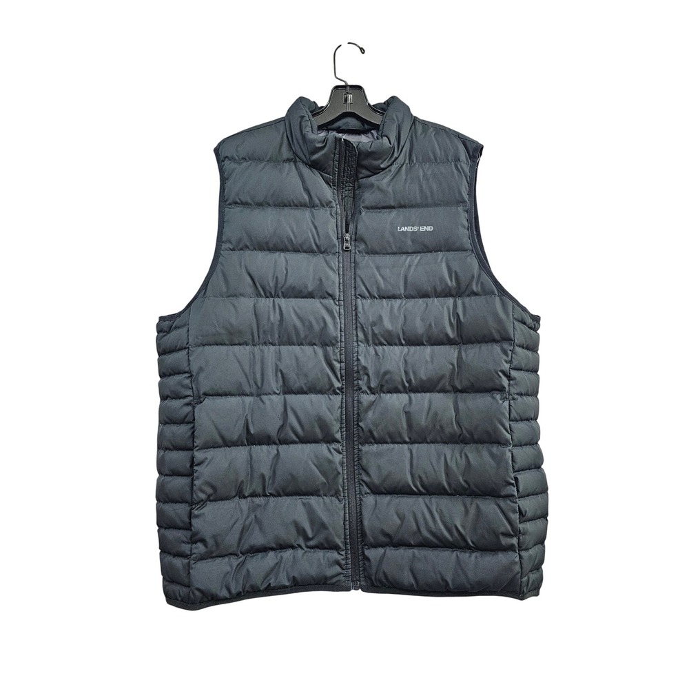 Lands End Puffer Vest Mens Large Black Down Insulated Full Zip Quilted Vest euc